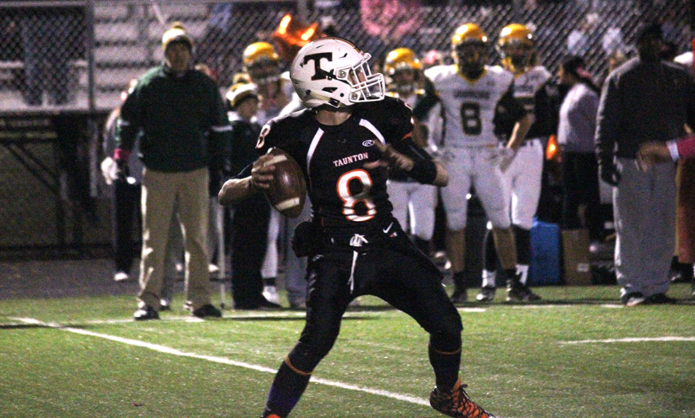 Taunton sophomore Collin Hunter, pictured here against King Philip, tossed two touchdown passes. (Ryan Lanigan/HockomockSports.com)