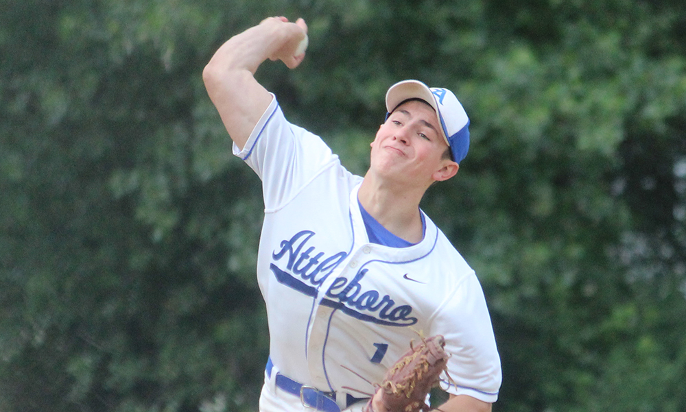 Attleboro's Nate Tellier struck out nine and allowed just two hits in the Bombardiers' loss. (Ryan Lanigan/HockomockSports.com)
